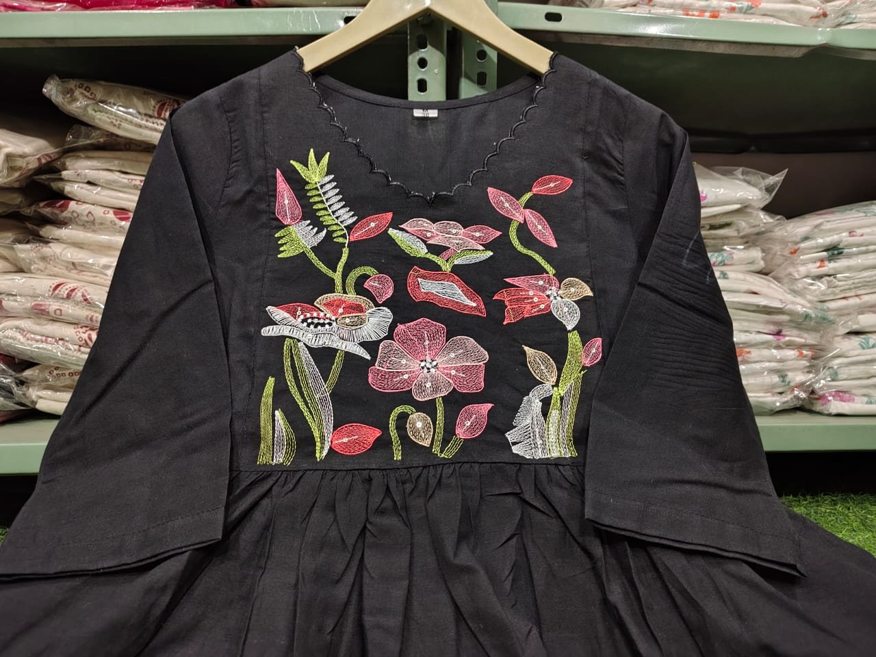 Black Anarkali Cotton Embroidered Suit Set